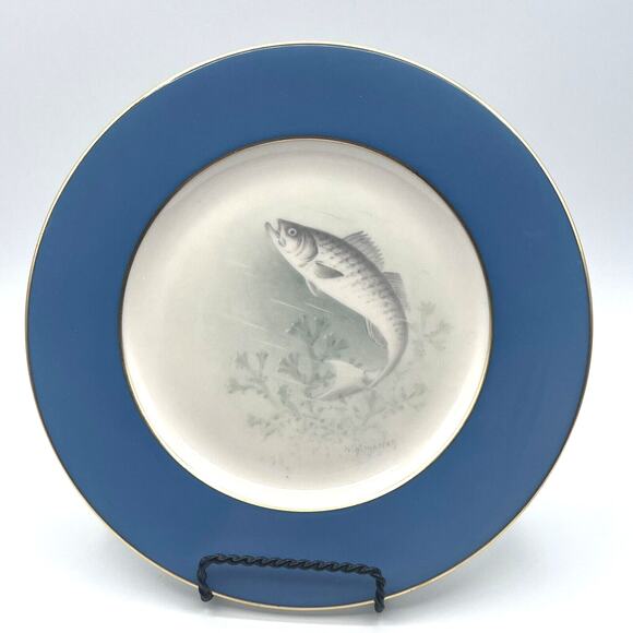 4 Lenox Fish Plates Hand Painted W H Morley Teal Gold Trim Bailey Banks Biddle - Picture 5 of 9